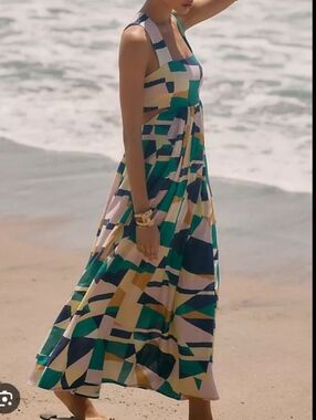 Anthropologie Women’s Green Geometric Maxi Dress - Sleeveless Summer Dress